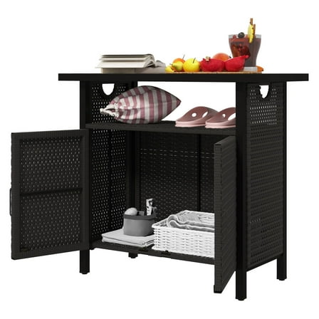 Outdoor Pool Towel Storage Cabinet, PE Rattan Poolside Organizer with Shelf - Espresso