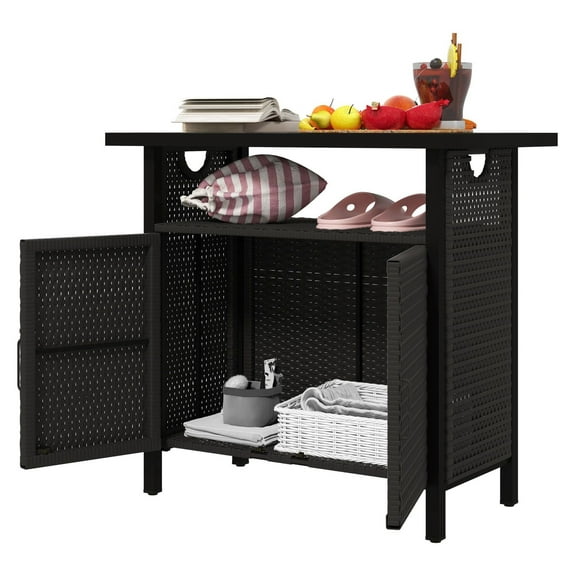 Outdoor Pool Towel Storage Cabinet, PE Rattan Poolside Organizer with Shelf - Espresso