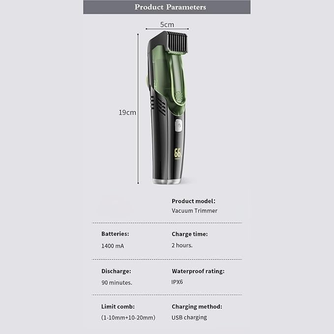 Vacuum Hair Clipper for Men - Automatic Hair Suction Cordless Rechargeable Beard Trimmer, Professional 20-Length Setting IPX6 Waterproof Electric Shaver for Head Facial Hair, Home Barber Kit (Grey)