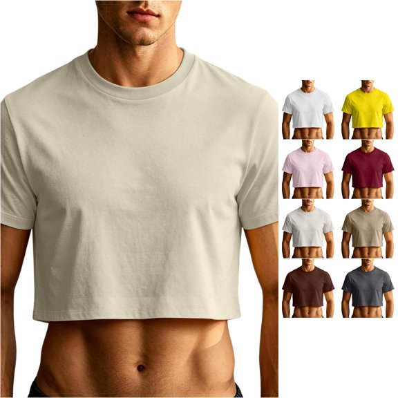 XIAONU Mens Solid Cropped Short Sleeve Tees Crew Neck Cropped Tops Slim Fit Street Tees