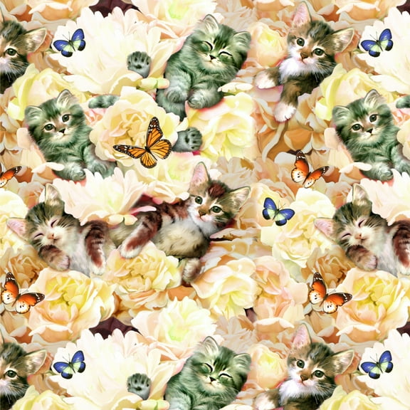 Kittens Cats Yellow Flowers Butterflies Pattern Premium Roll Gift Wrap Wrapping Paper
