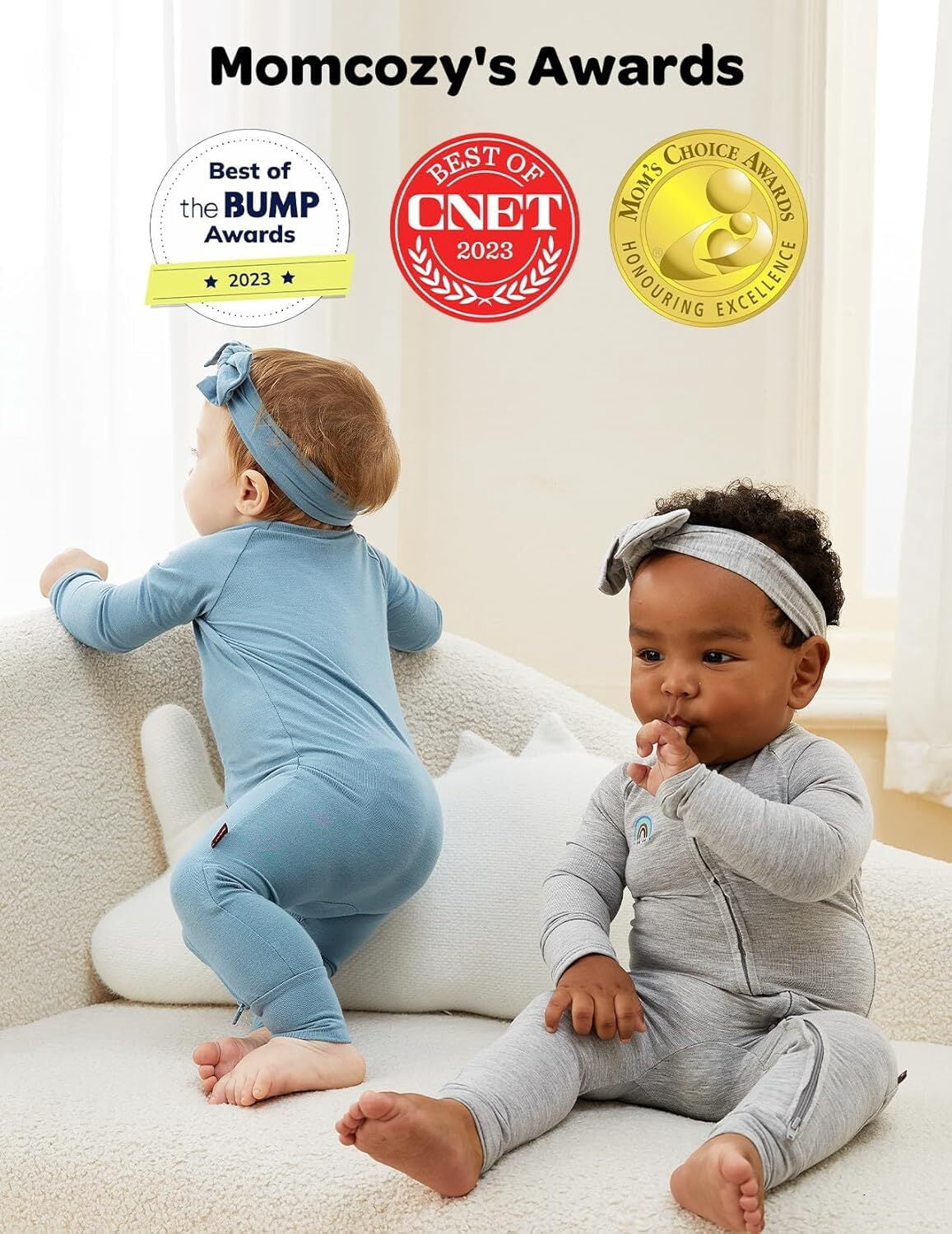 Momcozy Bamboo Fiber Baby Bodysuit 2-Piece Set,No Feet Covered BP002 12-18 Months Blue + Gray