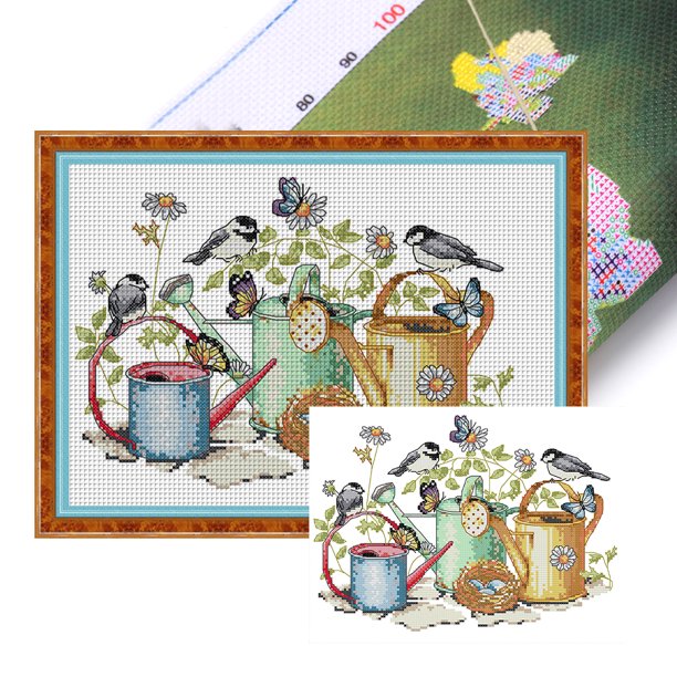 Kit Punto Cruz Con Pájaro Y Tetera Hilo Algodón Bordado 14CT 34x26cm