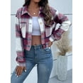 thumbnail image 6 of SEARIPE Women's Cropped Plaid Shacket Jacket Button Down Long Sleeve Flannel Shirt Jacket Coat Burgundy M, 6 of 7