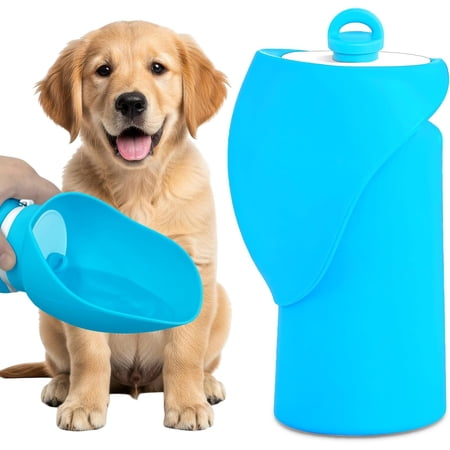 Dog Water Bottle Leakproof Portable Water Bowl for Dog Lightweight Water Bottle for Dogs Food Grade Silicone Collapsible Travel Pet Water Bottle for Outdoor Hiking Camping (Blue 18.6 Ounces)