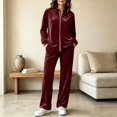 thumbnail image 2 of Women's Velvet 2 Piece Tracksuit Zip Up Jacket Wide Leg Pants Set Stand Collar Casual Lounge Sweatsuit with Pockets Fall Winter Loungewear Wine, 2 of 6