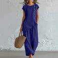 thumbnail image 3 of MLCDZ Sets for Women 2 Piece Button Round Neck Short Sleeves Tops and Wide Leg Loose Fit Pants Set Matching Beach Vacation Outfit with Pockets, 3 of 7