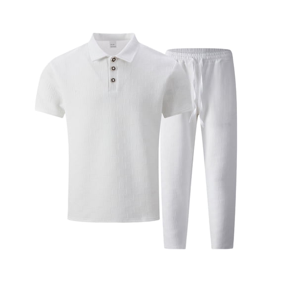 Mens Waffle Knit Polo Shirt and Pants Set 2 Piece Summer Casual Tracksuit Outfit with Pockets Lightweight Lounge Wear