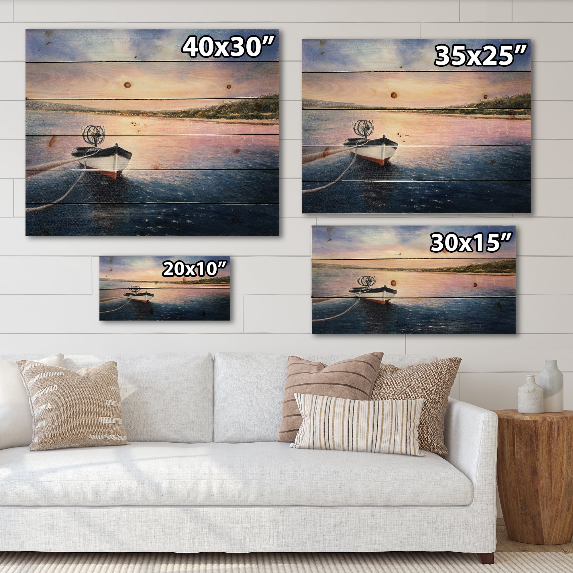 Designart 'VIbrant Sunset Over Fishing Boat By The Shore' Lake House Print on Natural Pine Wood