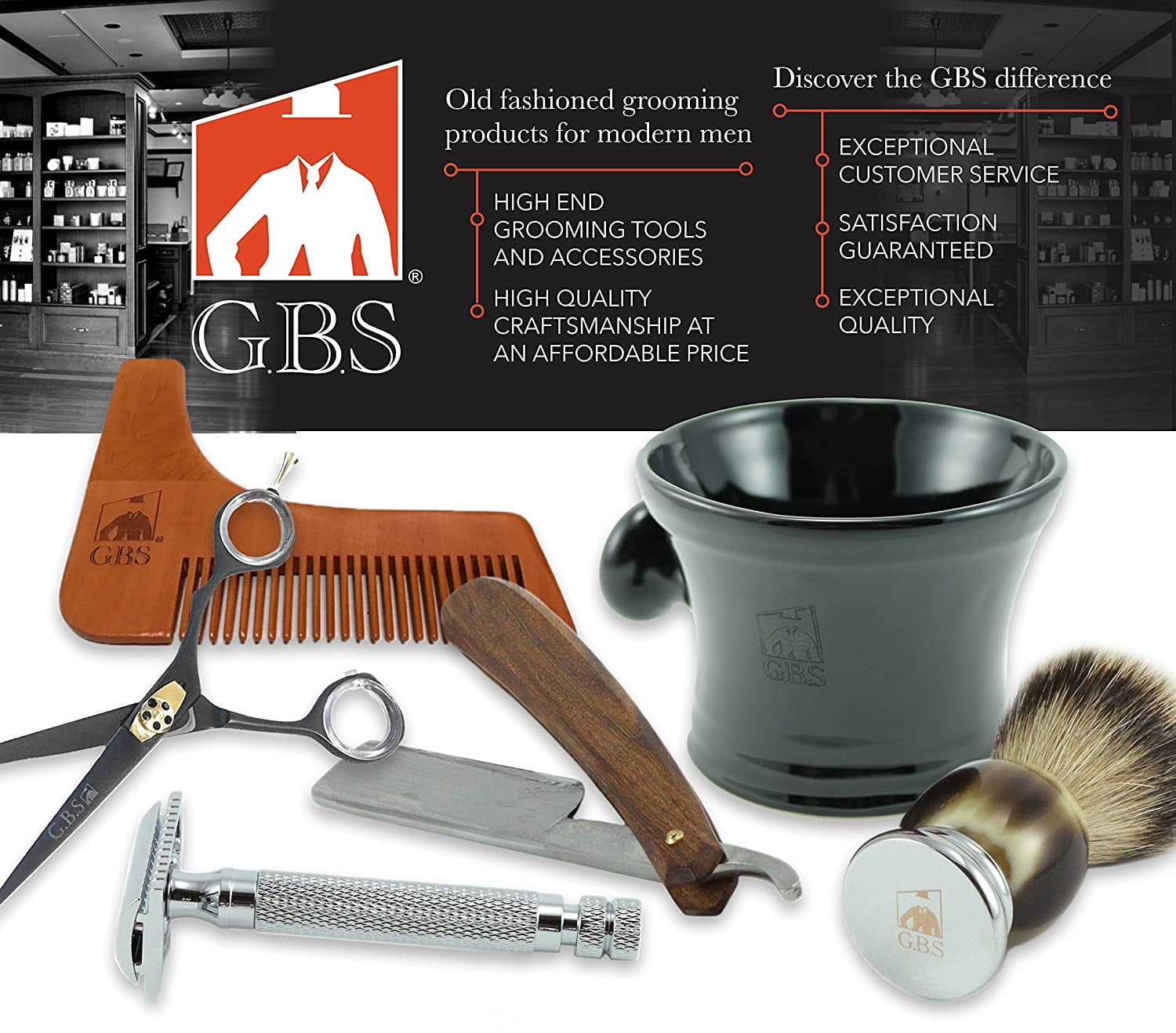 GBS Classic Straight Edge Razor Barber Shavette + Brush and Razor Stand - Ivory Horn Handle - Gold Accents + 10 Blades Mens Manual Shaver Excellent Locking Safety Mechanism