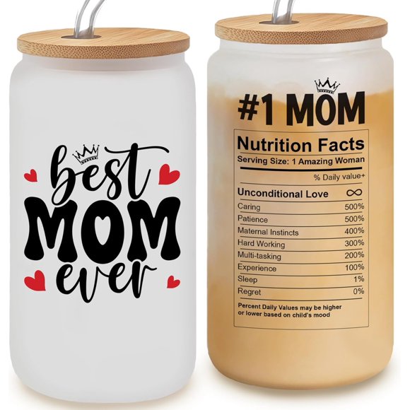 Mothers Day Gifts for Mom - Best Mom Ever 16oz Frosted Glass Cup, Mommy Coffee Mug, Mama Cups, Momma Gift Ideas, Funny Birthday Present for Her, Cute Mother Day Gift Tumbler, Mom Cup