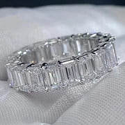 925 Sterling Silver 14k White Gold Plated 4Ct Emerald Cut Simulated Diamond Full Eternity Band Ring For Her