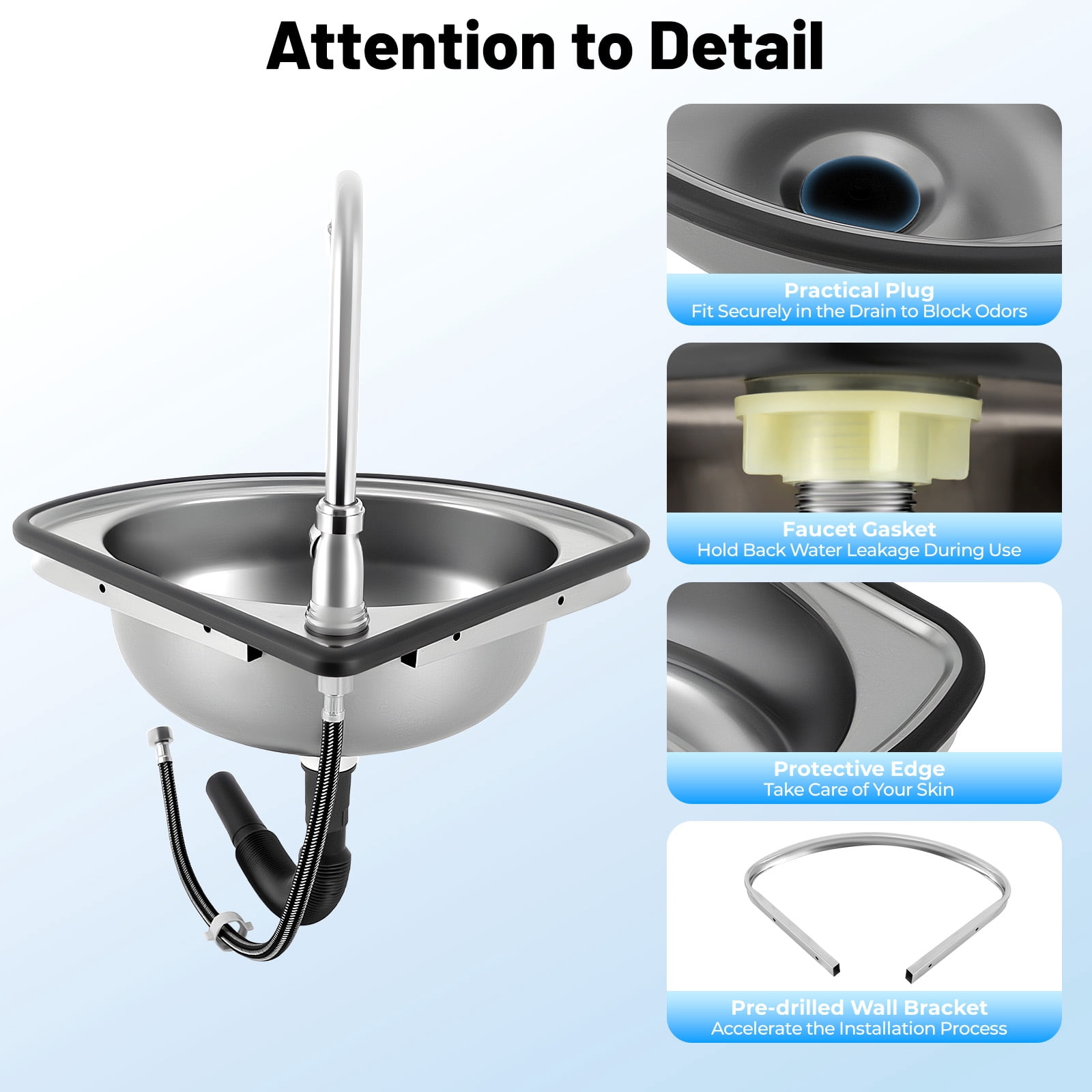Stainless Steel Wall-Mounted Single Bowl Sink, Triangle Wash Basin Thick Small Sink Corner With Faucet And Drain Kit, For Kitchen Bathroom Lavatory Bar Laundry