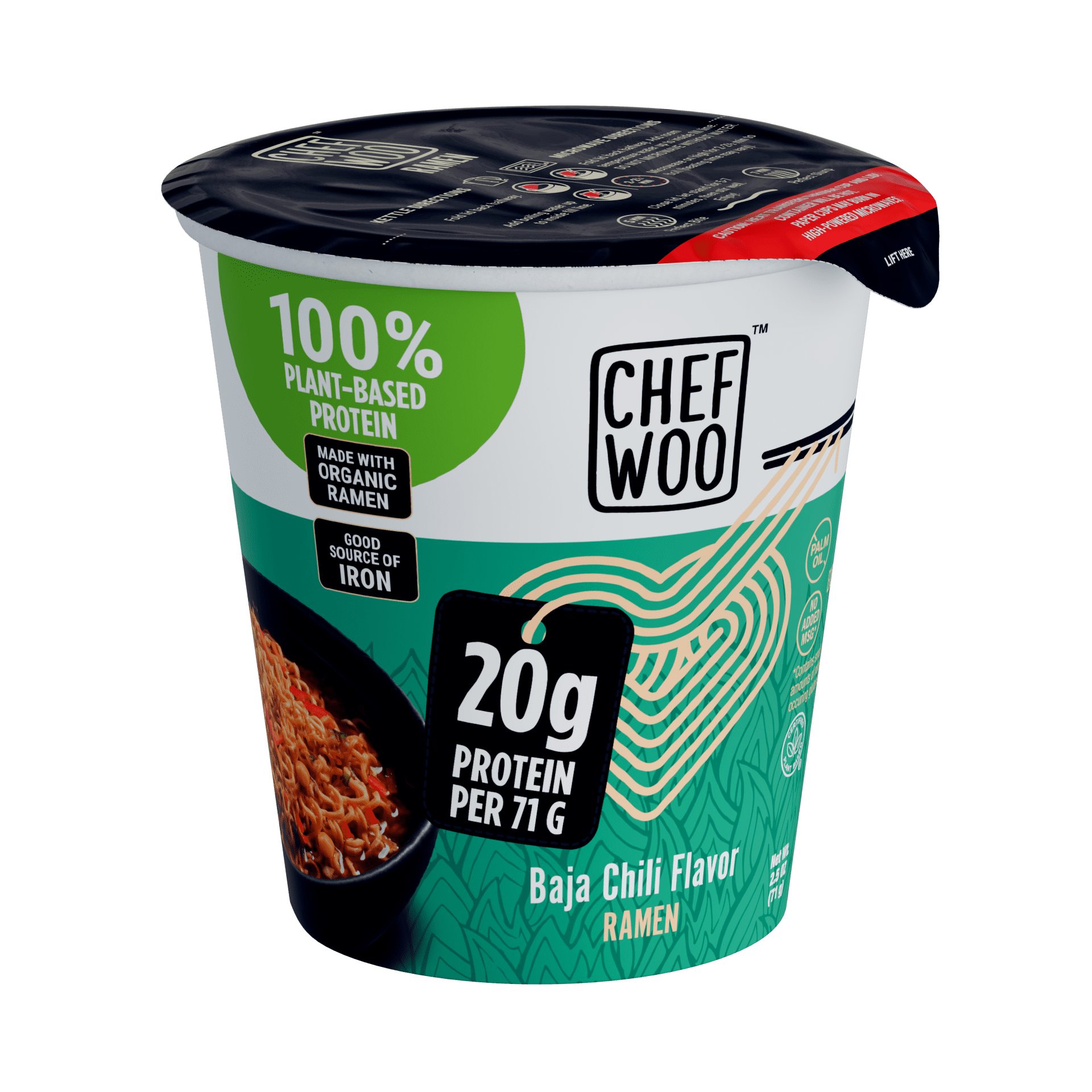(6 pack) CHEF WOO Baja Chili Ramen, High Protein Noodles, 20g of Animal-free, Bioavailable Protein, 2.5 oz Cup