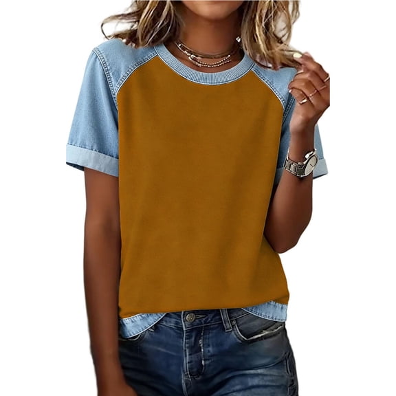 Denim Raglan Sleeve T-Shirt for Women Casual Short Sleeve Baseball Tee Crewneck Relaxed Fit Summer Top Orange,Size 2XL
