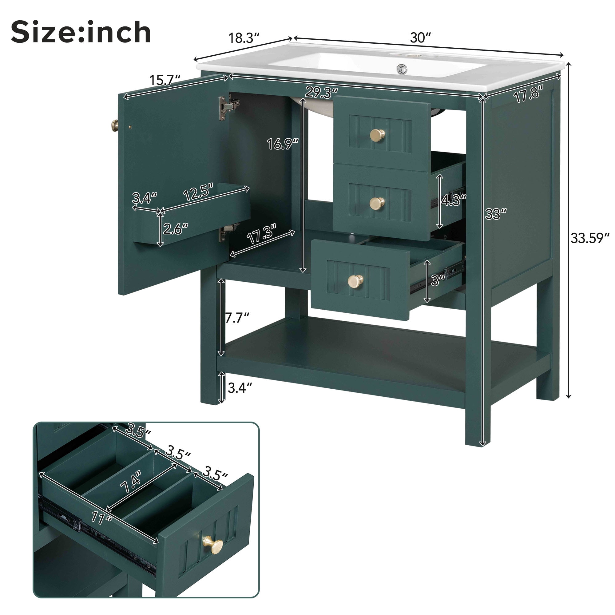 MAYEERTY 30" Modern Transitional Bathroom Vanity Cabinet Combo - With Ceramic Sink, Adaptable Design for Bathrooms