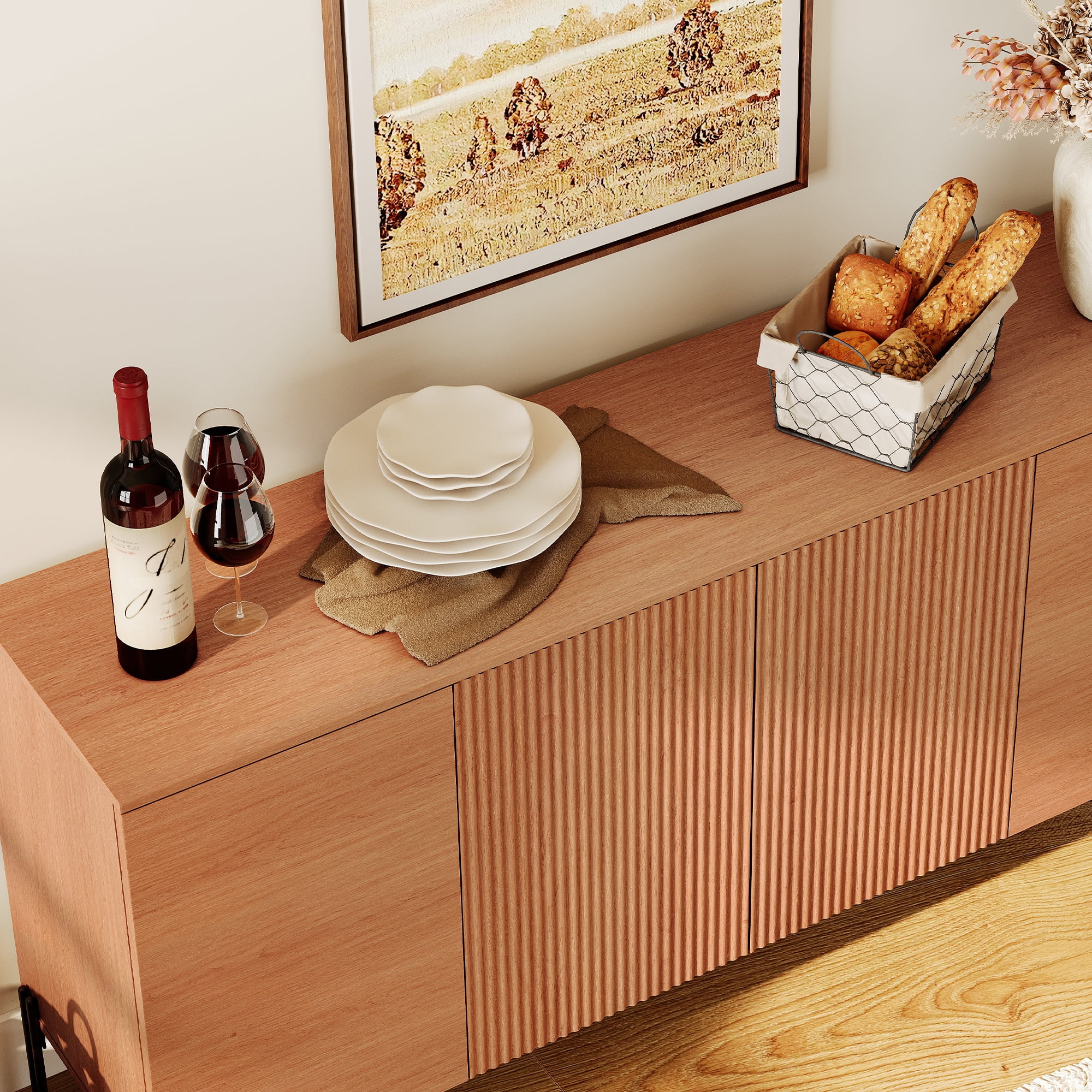 61" Minimalist 4-Door Sideboard With Rectangular Geometric Design And Double Chopstick Leg Base