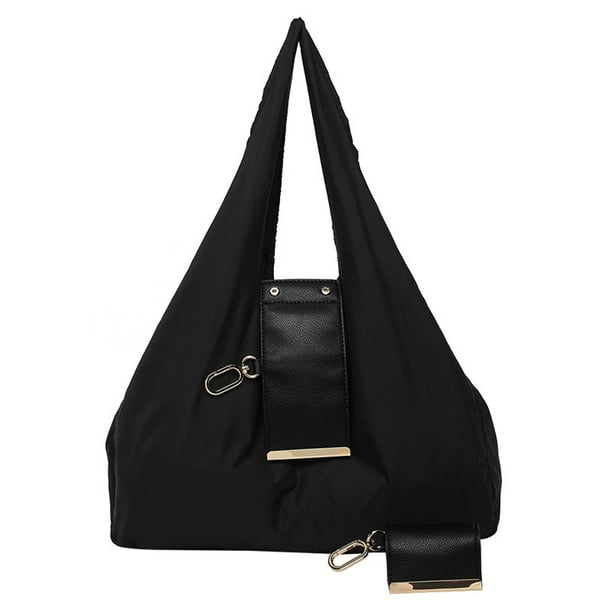 Guardurnaity Bolso tote plegable con llavero, de piel y tela, con detalles en oro cepillado. Minibolsos expandibles con llavero. Bolsas de mensajero y de hombro negro