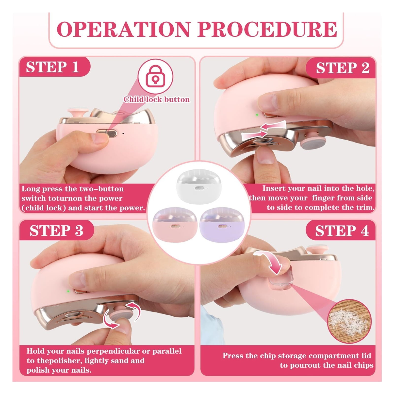 3-in-1 Electric Nail Clipper, Upgrade Electric Nail Clippers for Seniors, Automatic Electric fingernail Clippers with Collector, Excellent Electric Nail Trimmer Gift for Your Loves (Cute-Pink)