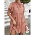 thumbnail image 3 of Vestido, Mini vestido de manga corta con volantes y cuello alto para mujer Meterk Rosa/Grande, 3 of 7