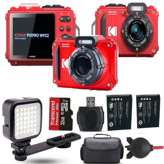 Kodak PIXPRO WPZ2 Digital Camera (Red)  Extra Battery   LED - 32GB Kit (International Version)