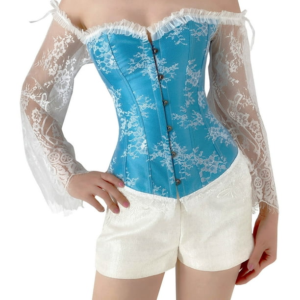 Lolmot Womens Corsets For Women Princess Corset Lace Ruched Sleeves Elegant  Overbust Corset 