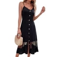 thumbnail image 1 of Vestido de espagueti con empalme de encaje, cuello en V, vestido largo informal, cómodo y sencillo para fecha de fiesta, 1 of 7