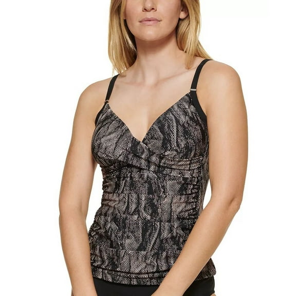 Calvin Klein GRAY MULTI Printed Twist Tummy-Control Tankini Swim Top, US X-Small