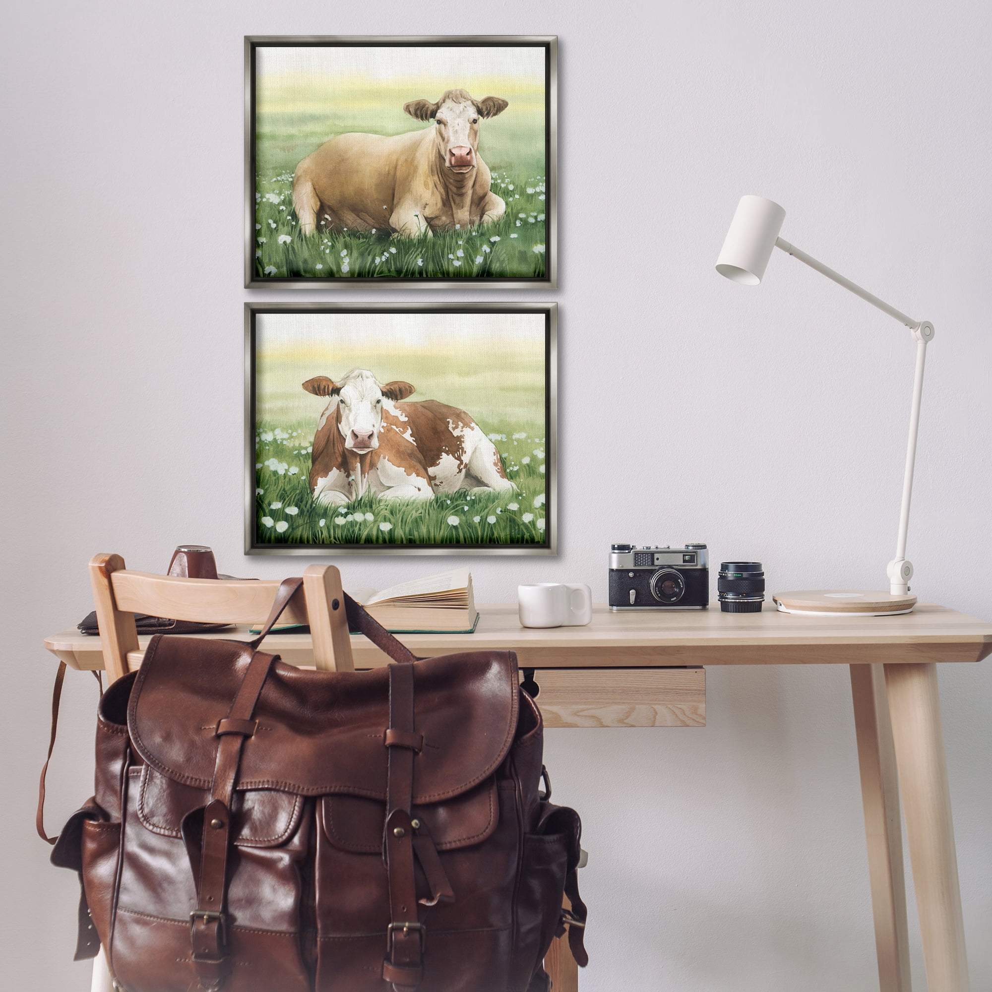 Stupell Industries Cows Resting in Flower Field Animals Painting Gray Floater Framed Canvas Art Print Wall Art, 21 x 17, Set of 2