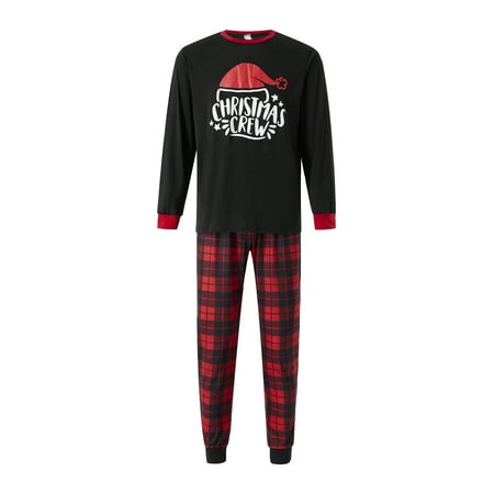 

JINSIJU Christmas Family Matching Pajamas Letter Hat Printed Long-sleeved Round Neck Tops + Plaid Pants Baby Romper