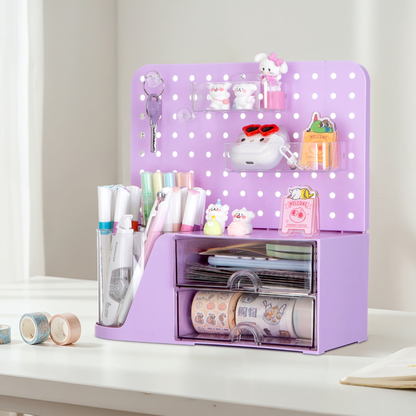 Vivin Desk Organizer, Small 2 Drawer Unit and Pen Holders, Multi-Purpose Pegboard organizer For Home Office, Purple