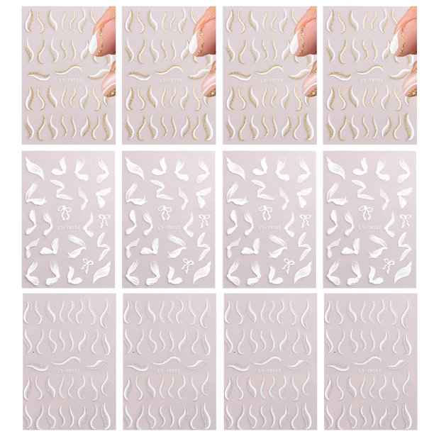 12 hojas de pegatinas para decoración de uñas con línea brillante francesa, pegatinas para uñas con rayas onduladas y curvas de Metal dorado