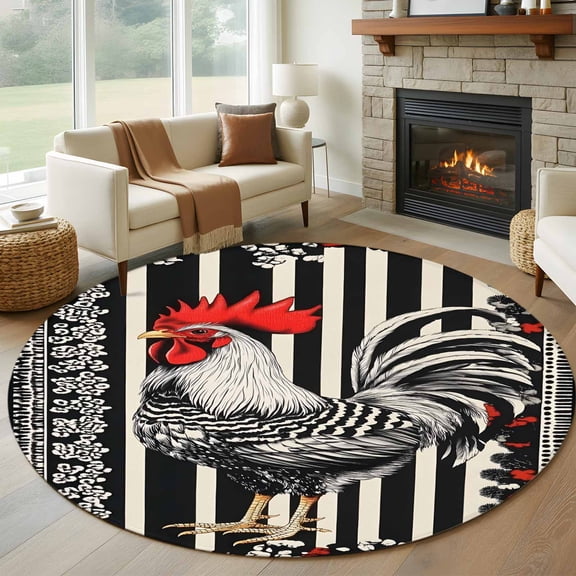 Vintage Rooster Round Rug 5ft Washable Circle Kitchen Rugs Non Slip Black White Striped Watercolor Large Area Rug Indoor Floor Carpet for Bedroom Living Room Home Office Dining Room Nursery