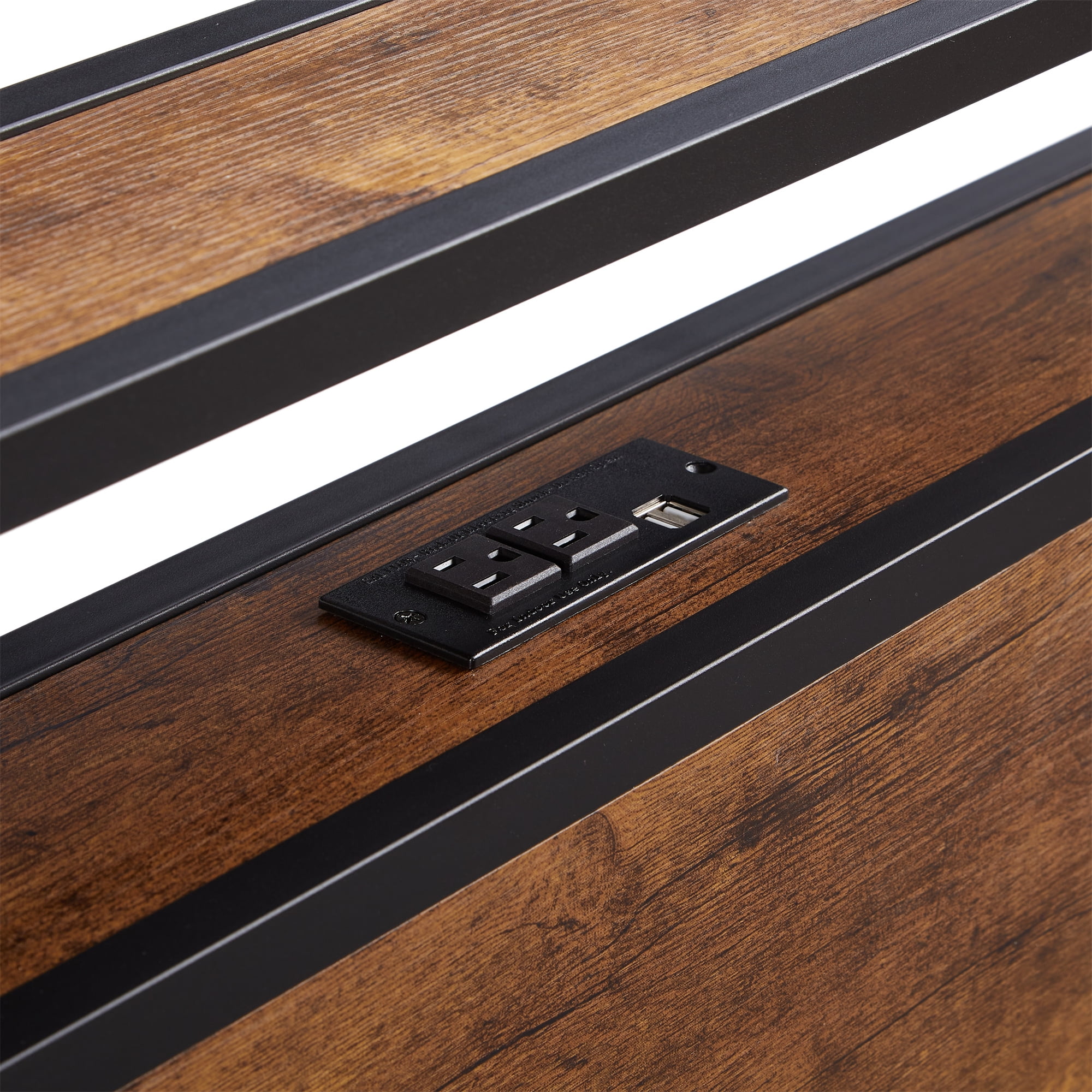 Aukfa Metal Twin XL Size Bed Frame with USB Charge Port, Wood Storage Headboard Shelf, Black