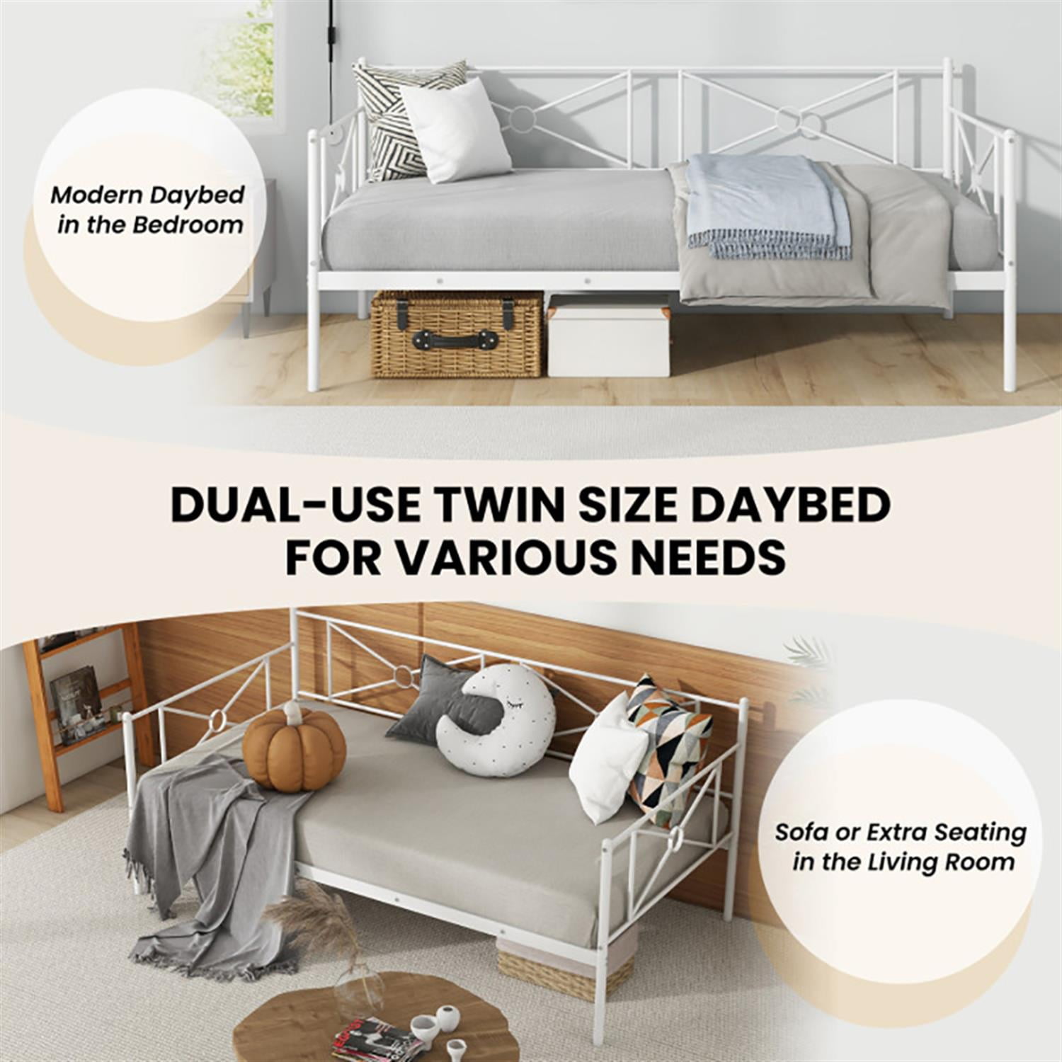 Demi Bonn Metal Daybed Twin Bed Frame Stable Steel Slats Sofa Bed, Modern Bed Frame for Teens, White