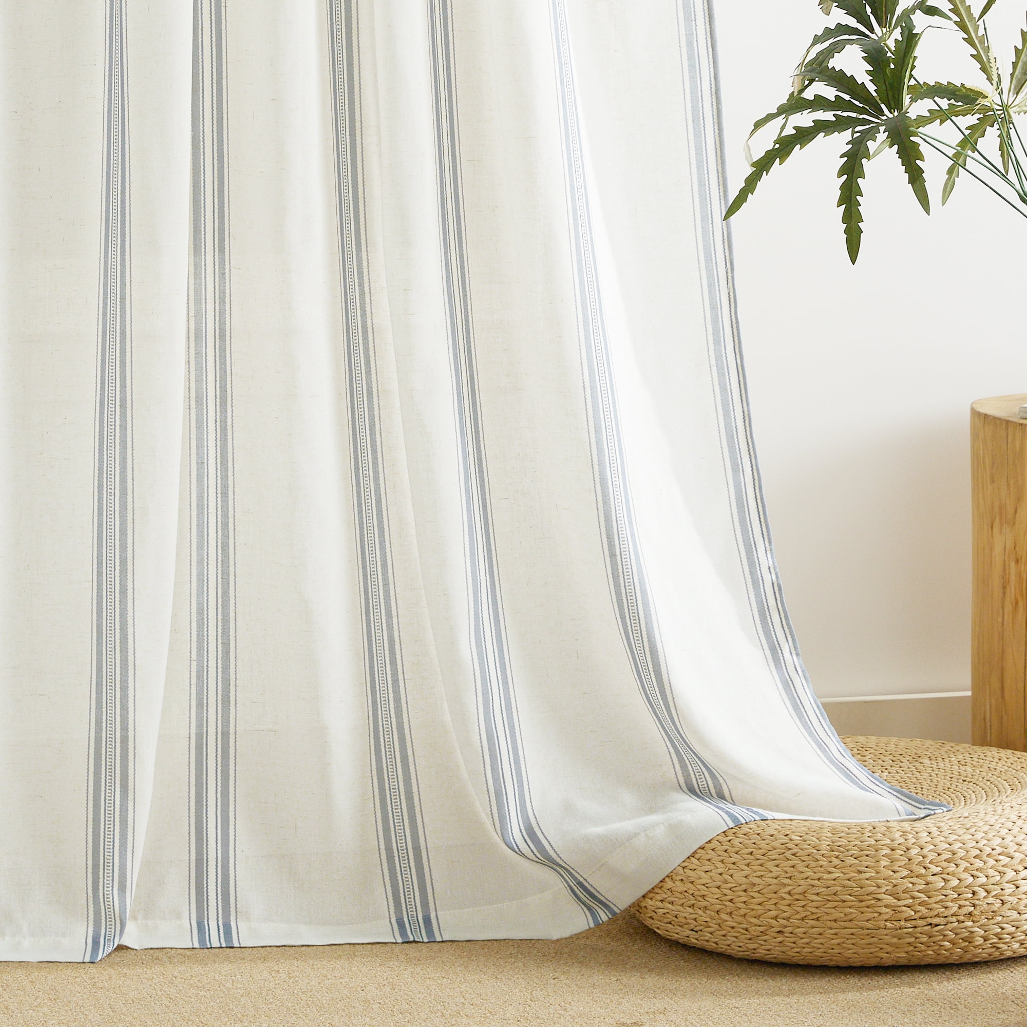 NICETOWN Blue Striped Curtains for Living Room, Linen Curtains Light Filtering Back Tab Farmhouse Rustic Drapes for Bedroom, 52"x84", 2 Panels