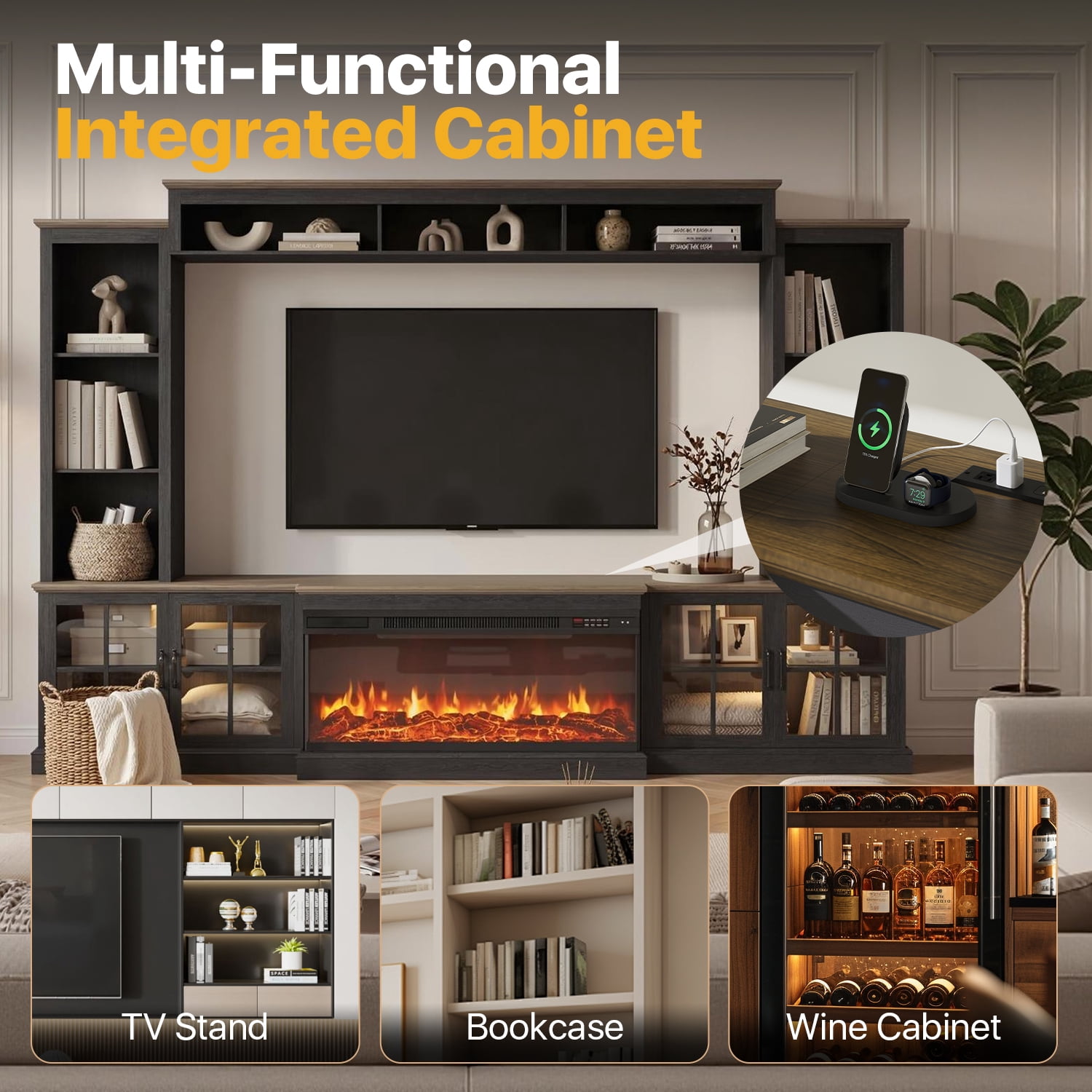 Sonegra 98" Farmhouse Entertainment Center with 36" Fireplace, TV Stand, Bookshelf, Cabinet, Fits TVs up to 75", Media Console with Power Outlets and Barn Doors for Living Room, Black