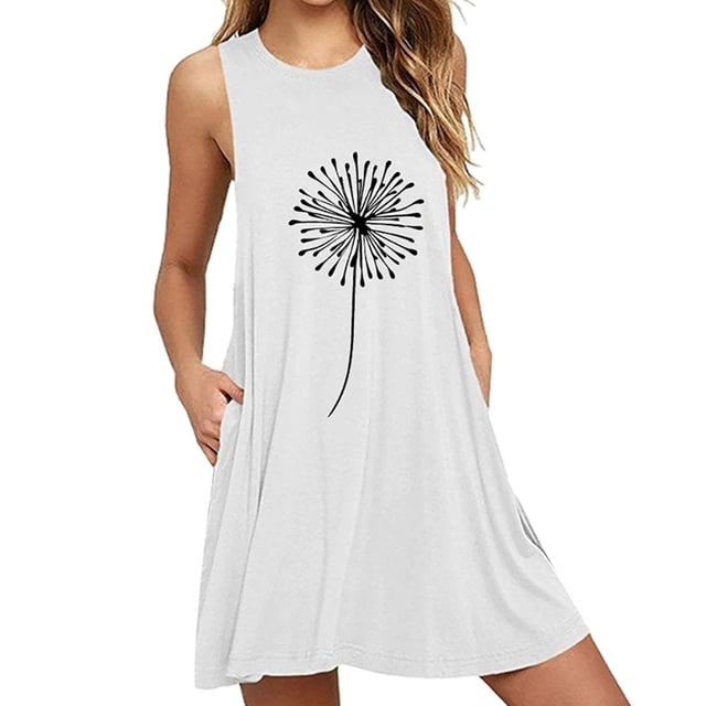 SMihono Robe d'Été pour Femmes Grande Taille Mode Poches Pissenlits Imprimé Sans Manches Robe de Nuit Décontractée
