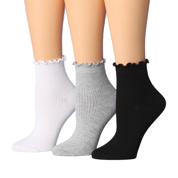Tipi Toe Womens Elegant Ruffle Trim Ankle Socks 3-Pack