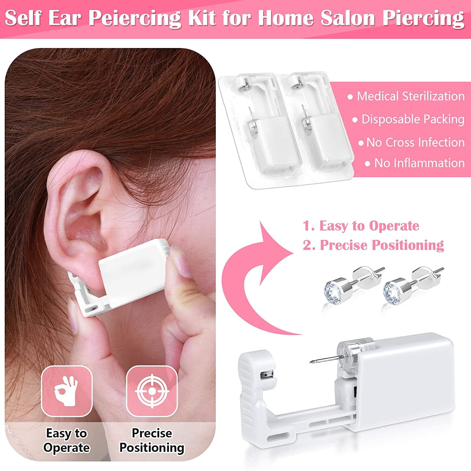 Ear Piercing Gun,10 Pack Ear Piercing Kit Disposable Self Ear Piercing Gun  with Sterling Silver Ear Sticks and Clean Tool Pierce Kit Tool for Nose