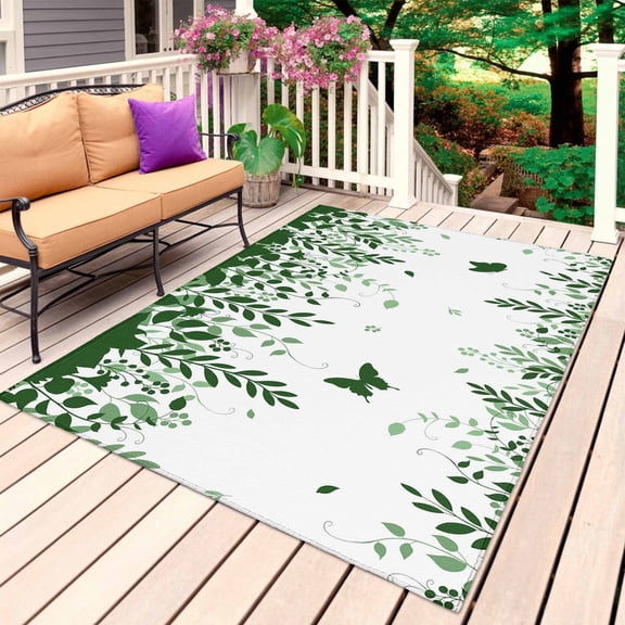 Green Spring Botanical Outdoor Rug 4x6 Ft, Non Slip Washable Area Rug, Weeping Eucalyptus Butterfly Patio Rugs Carpet Runner, Large Floor Mat for Indoor/Outdoor Deck Porch Camping