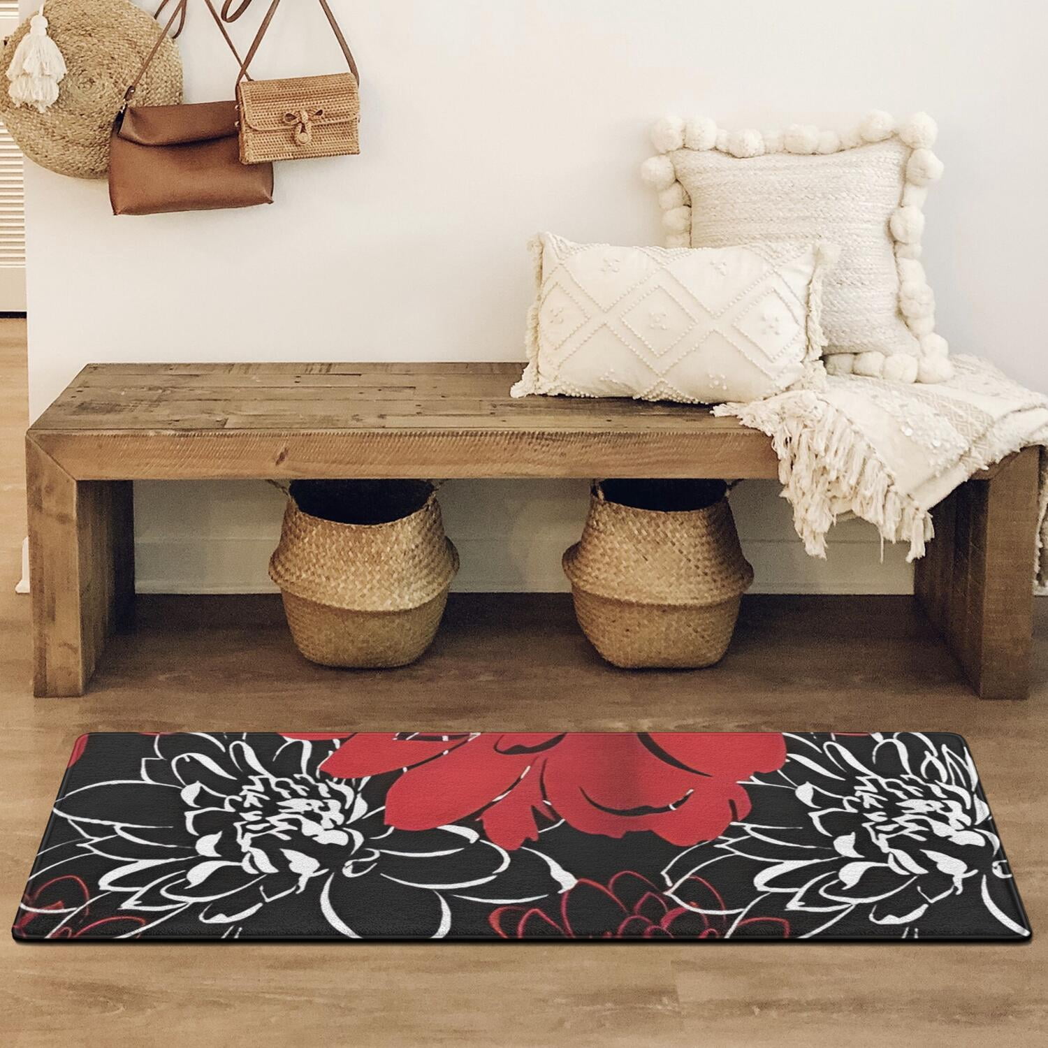 Red and Black Pioneer Flower Pattern Bathroom Rugs Mat,Non Slip Microfiber Bathroom Rug,Rubber Backing,Soft Bathroom Mats for Bathroom Floor,Tub and Shower,47x17in(120x43cm)