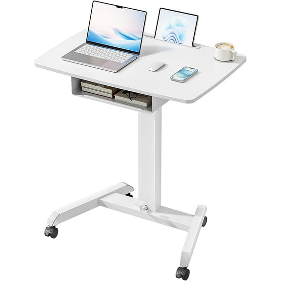 Standing Rolling Desk- 31.5' X 22' Extend Sanding Desk for Classroom, Height Adjsutable up to 44.3' Mobile Laptop Table with Wheels, Moveable Laptop Cart, Teacher Podium with Drawer, White
