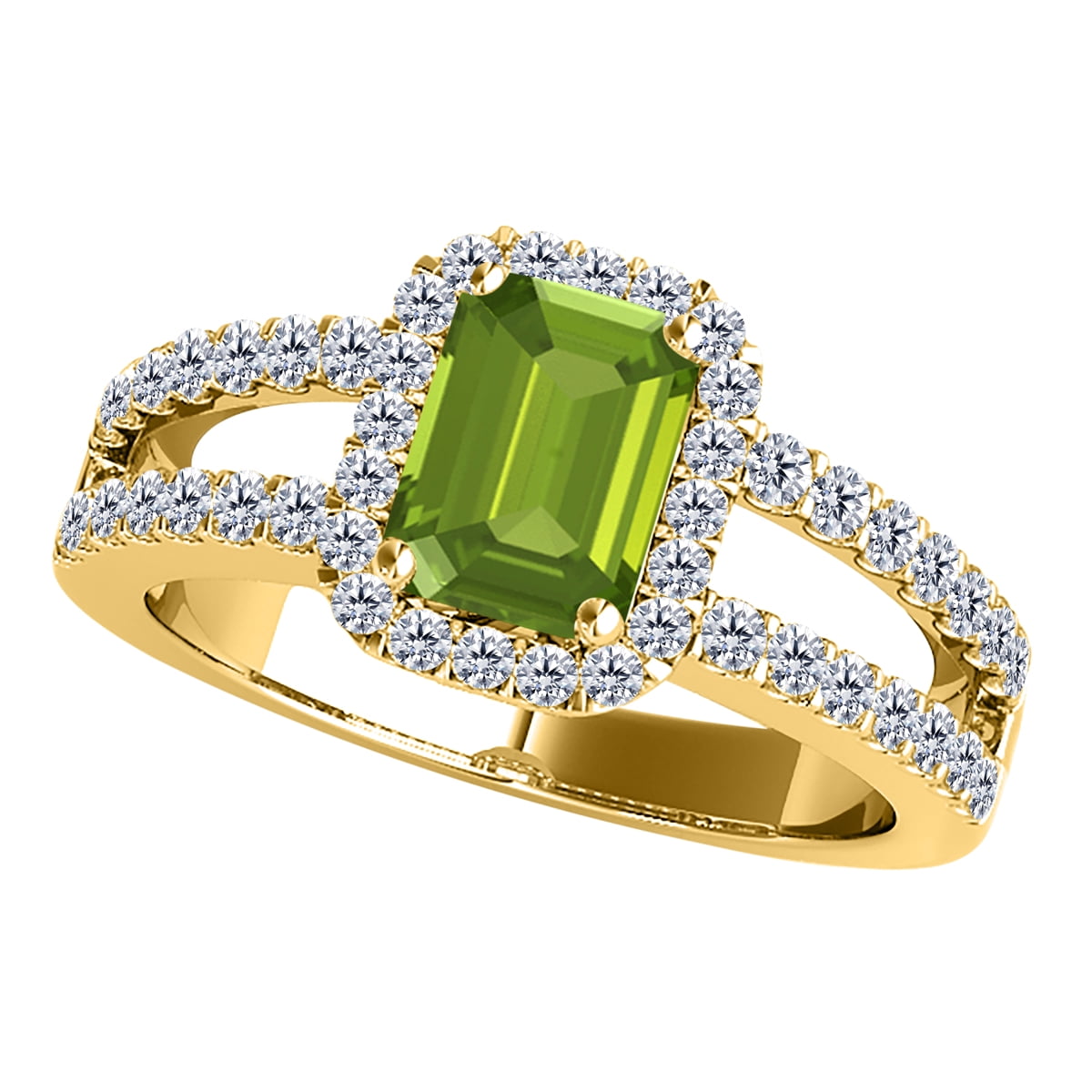 AoneJewelry 10k Yellow Gold Gemstone and Diamond Prong Set Ring With 2 Carat Emerald Cut Peridot