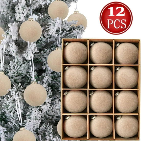 Bxaolu Christmas Tree Ornaments Velvet Balls - Pack of 12pcs Shatterproof Xmas Bulbs Decorations Set - Plastic Xmas Decorative Hanging Ornaments for Party, Beige, 2.36 Inch