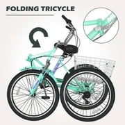 Lilypelle 24 Adult Tricycle Folding Tricycle 3 Wheel Bikes 7 Speed Trikes with Shopping Basket for Seniors Adult,Cyan