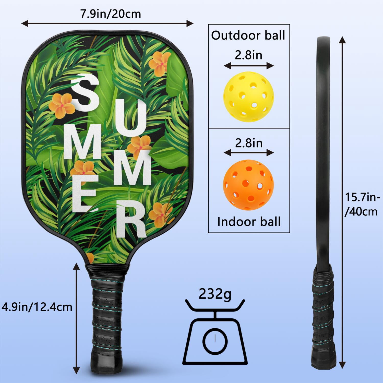 Pickleball Paddles Set Of 2, Fiberglass Surface, Tropical Jungle Print, 4 Balls & Bag