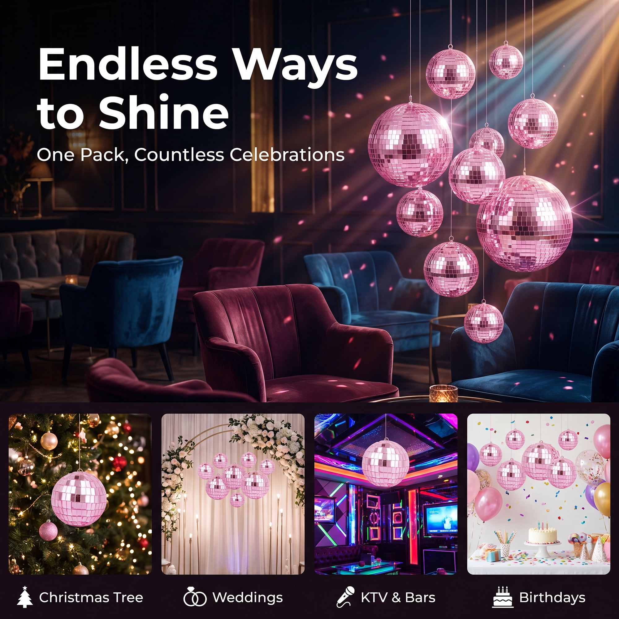 Unique Bargains 10Pcs Mirror Disco Balls for Hanging Sphere Orbs Pink 2"x2"x2"
