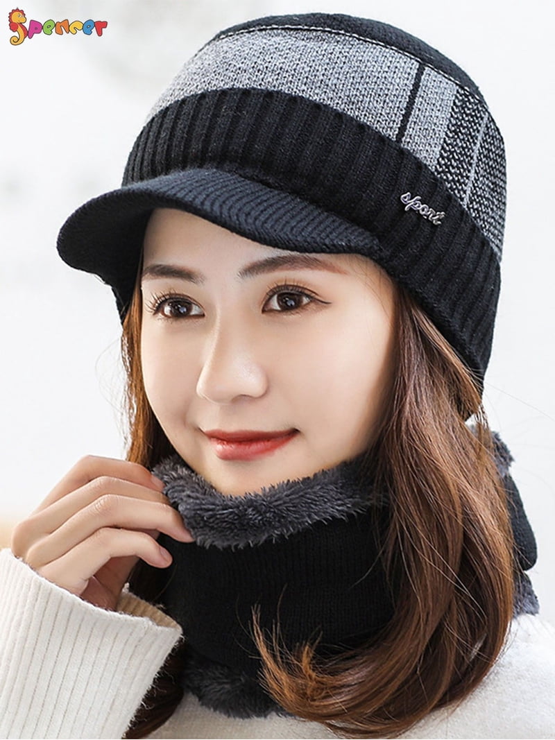 Spencer 2Pcs Men Women Winter Hat Knit Cable Visor Beanie 