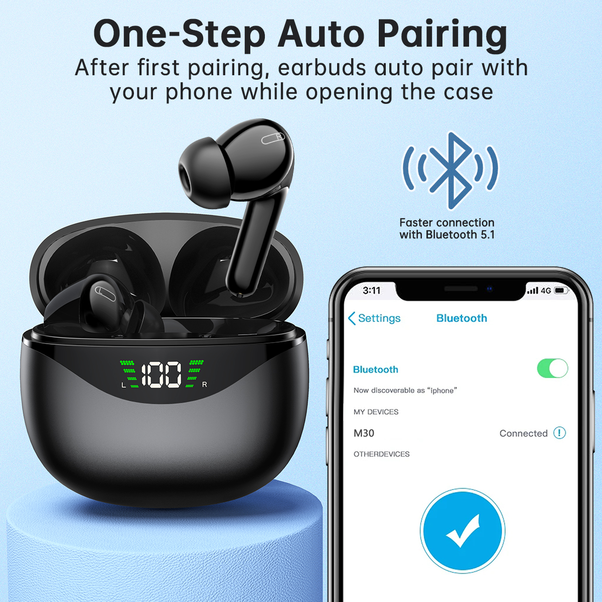 Wireless Earbuds, Bluetooth 5.1 Headphones 30Hrs Playtime with LED Power Display, IPX7 Waterproof Earphones, One-Step Pairing, TWS in Ear Stereo Headset Built-in Mic for iPhone/Android (Black) - image 3 of 7